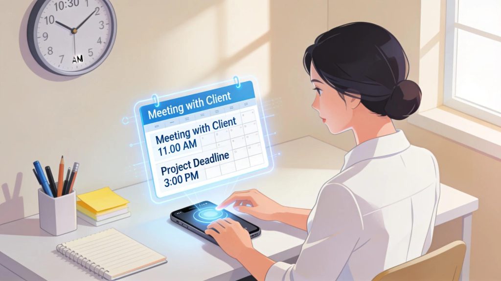 Virtual assistant organising appointments with digital tools in a professional office