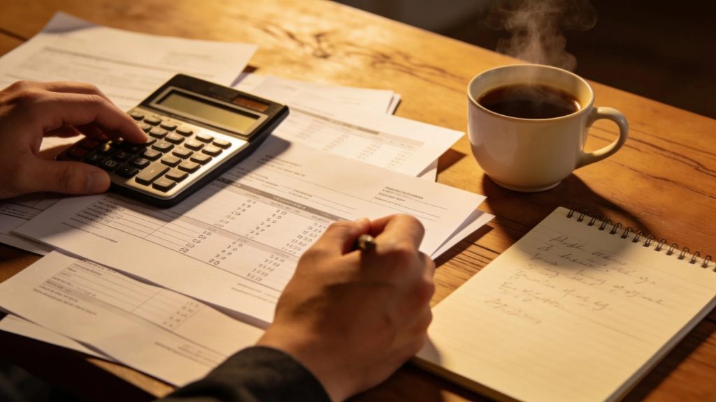 Hands organising financial documents and resources on a desk