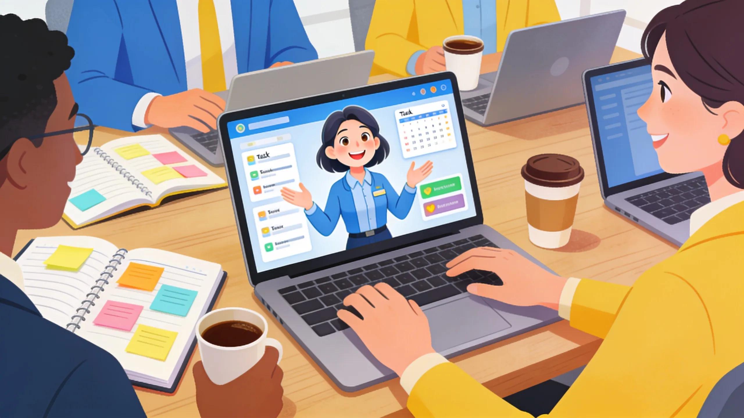 Office collaboration with a virtual personal assistant, emphasizing teamwork and efficiency
