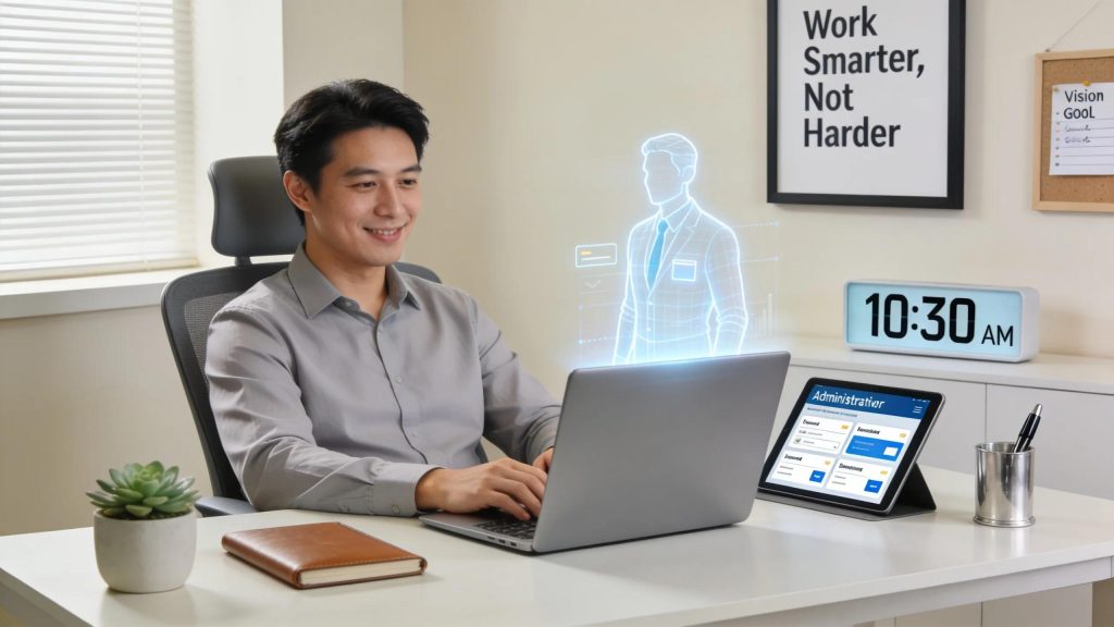 Business owner enjoying increased productivity with a virtual personal assistant handling tasks, highlighting the benefits of hiring a VPA