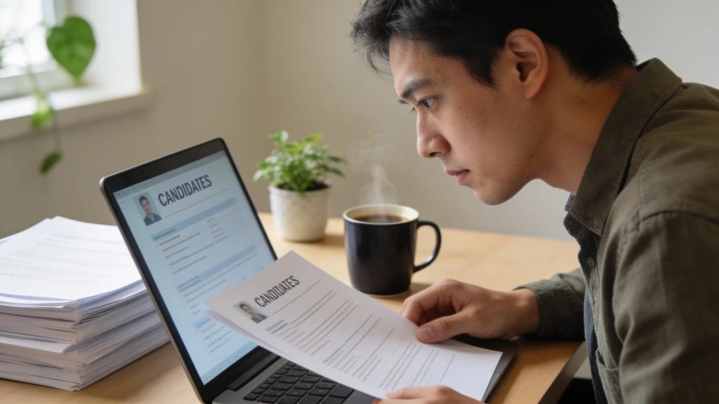 Individual evaluating resumes for virtual assistant candidates in a modern office setting, signifying a thorough hiring process