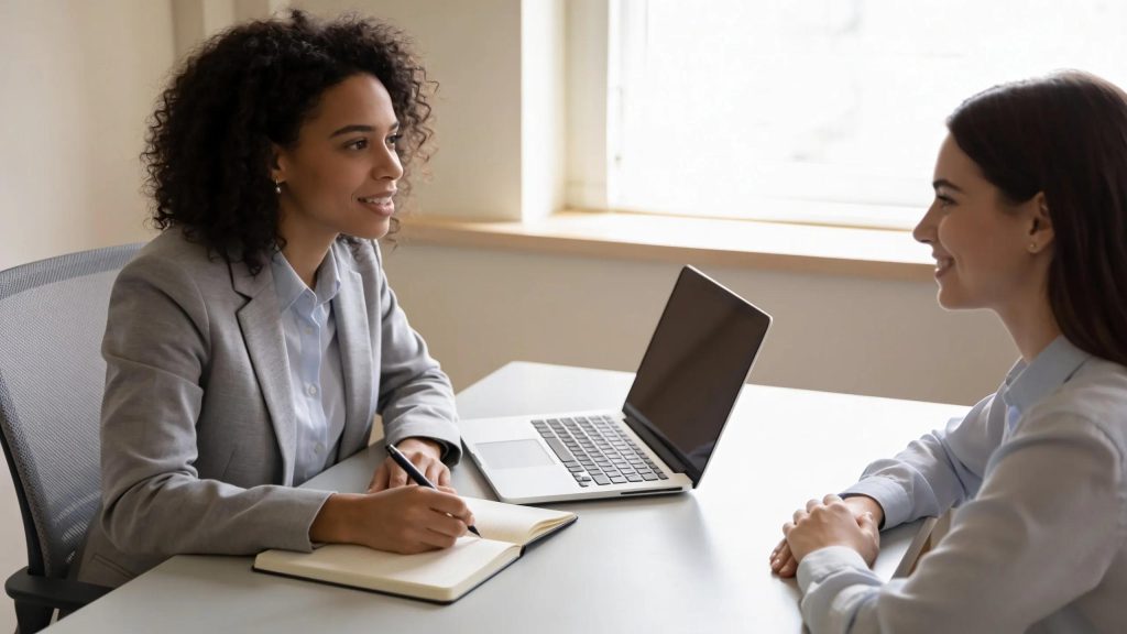 Virtual Assistant providing support to a client in a modern office setting