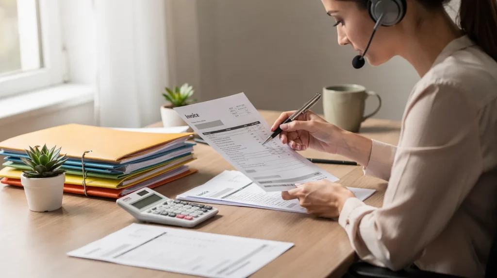 A virtual assistant service manages administrative tasks, including invoice preparation, on the business owner's behalf