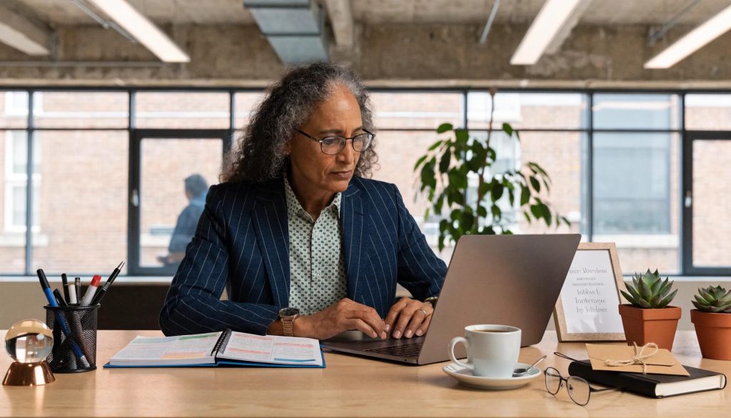 Executive managing emails efficiently in a well-organized office setting