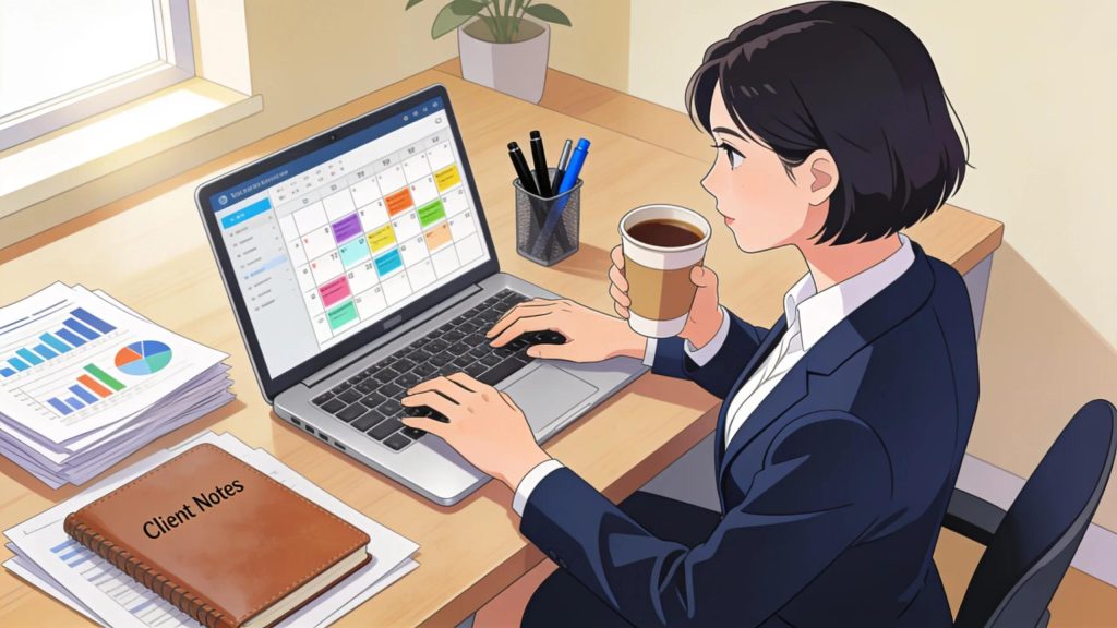 Virtual assistant managing multiple tasks in a professional office setup