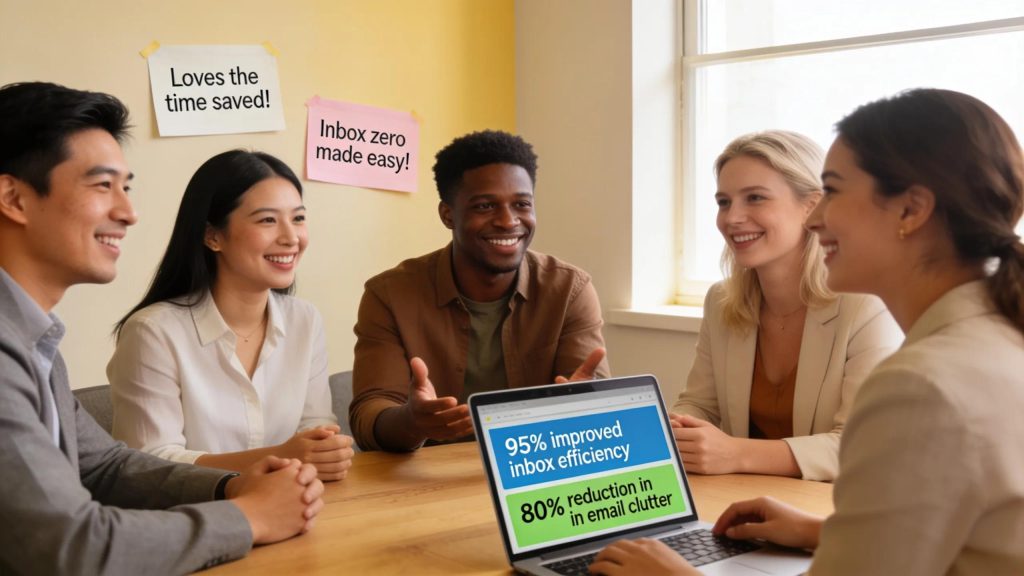 Diverse professionals sharing positive feedback about inbox management services in a meeting