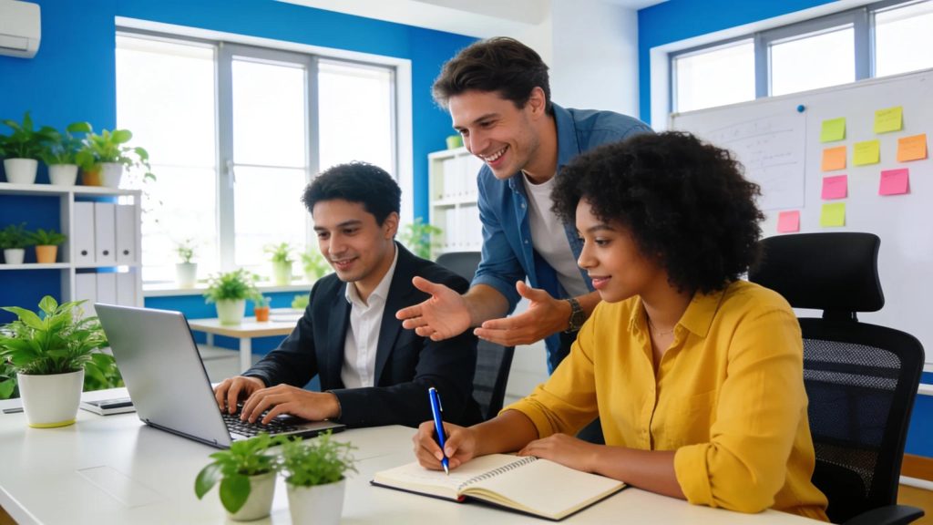 Collaborative office scene showcasing diverse professionals engaged in business activities
