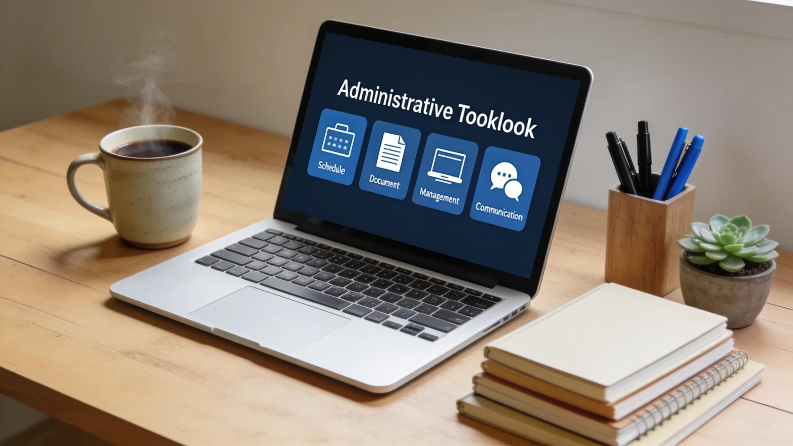 Cozy workspace with a laptop and coffee representing virtual administrative support services