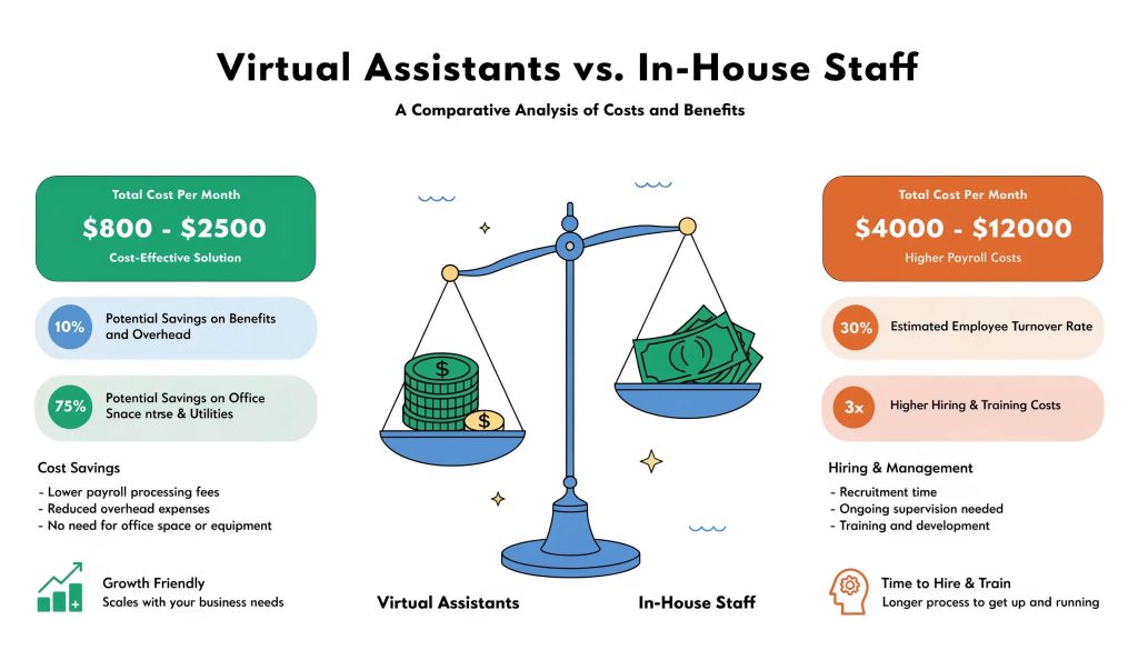 Cost comparison between virtual assistants and in-house employees demonstrating financial efficiency