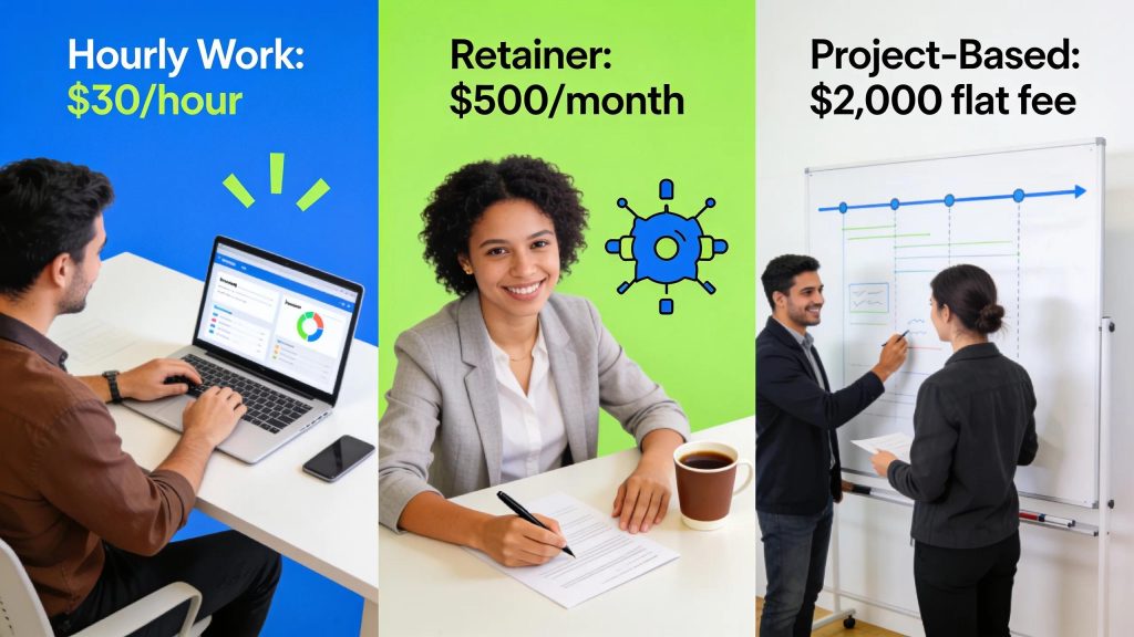 Visual representation of various pricing models for virtual assistants, highlighting hourly, retainer, and project-based pricing